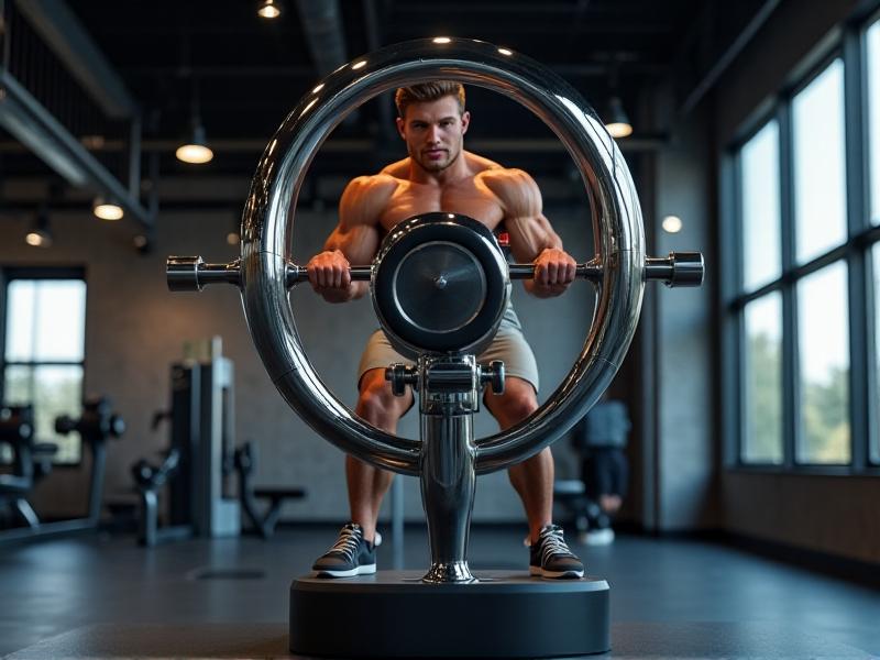 A detailed image of a pneumatic cylinder in action, showing the piston moving smoothly within the air-filled chamber. The cylinder is mounted on a sturdy base, with a fitness enthusiast demonstrating its use by performing a controlled bicep curl. The gym environment is bright and motivating, emphasizing the kit's functionality.