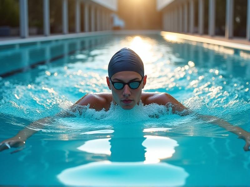A determined swimmer gliding through a pool with integrated sensors, surrounded by clear blue water and sunlight, embodying health, fitness, and technology.
