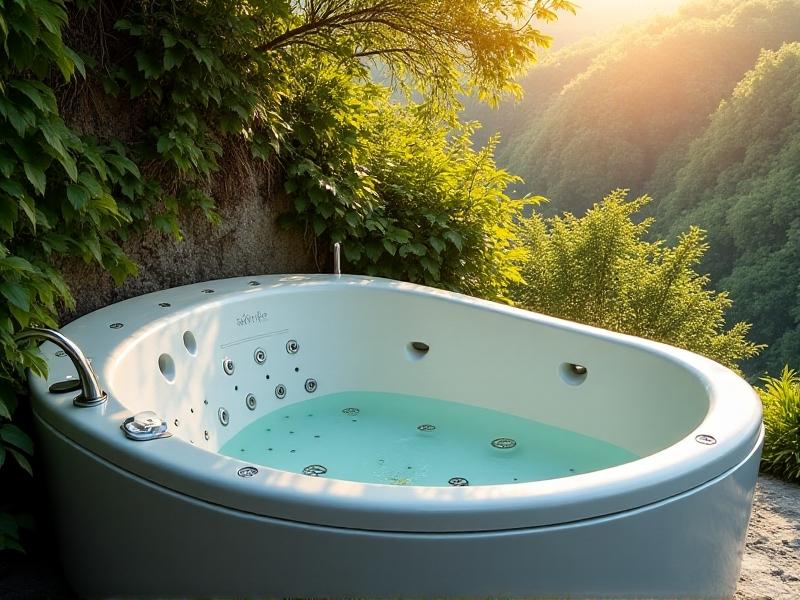 A modern hydrotherapy tub with adjustable jets, showing different seating positions and jet arrangements. The tub is located in a serene outdoor setting with lush greenery and natural sunlight. The image conveys the idea of a personalized hydrotherapy experience tailored to individual preferences.