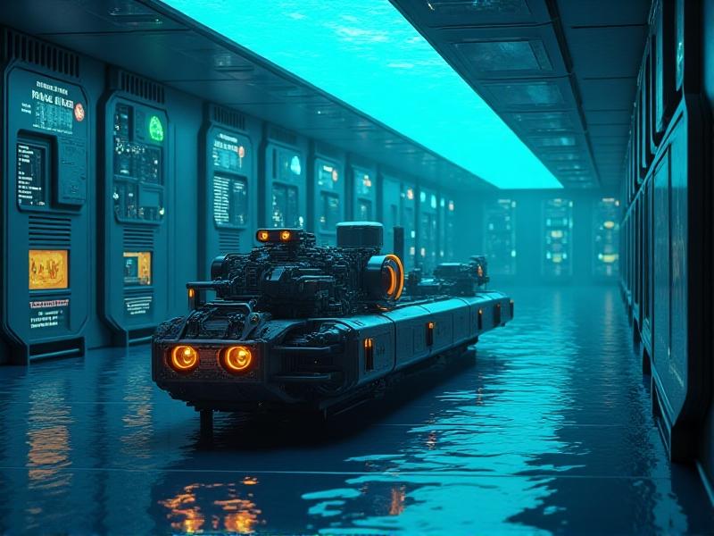 A technical diagram of a modern underwater camera tracking system, highlighting key components such as the camera, sonar, GPS, IMU, and software algorithms. The image is set in a futuristic underwater lab with glowing blue and green lights, emphasizing the advanced technology.