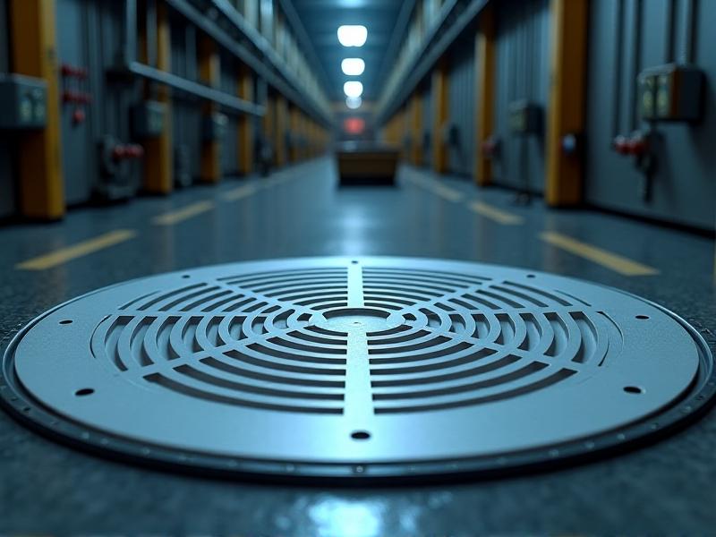 A fiberglass-reinforced polymer anti-vortex drain installed in an industrial tank. The drain's smooth surface and modern design contrast with the rugged industrial environment, showcasing its advanced material properties and resistance to harsh conditions.