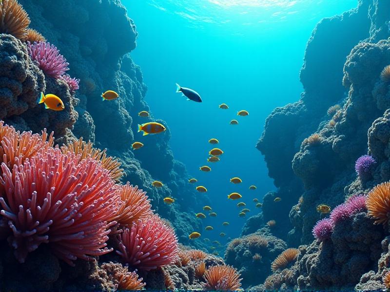 A vibrant underwater scene showing a coral reef teeming with marine life, with a modern underwater camera tracking system discreetly observing the environment. The image captures the natural beauty of the reef, with colorful fish, corals, and clear blue water, while highlighting the non-intrusive nature of the technology.