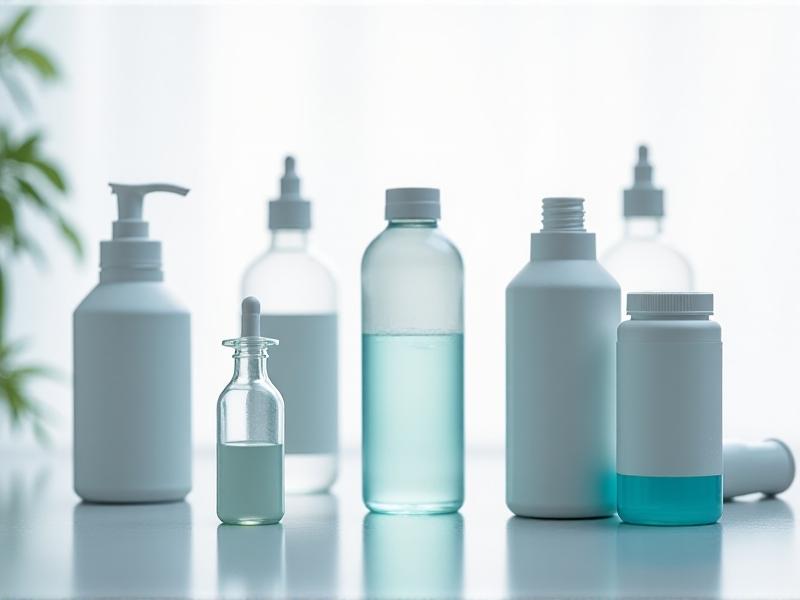 A collection of different types of anti-foaming agents displayed on a table: a silicone-based agent in a clear bottle, an oil-based agent in a dark glass container, and a powdered agent in a plastic jar. The table is set in a laboratory with a white background and bright lighting.