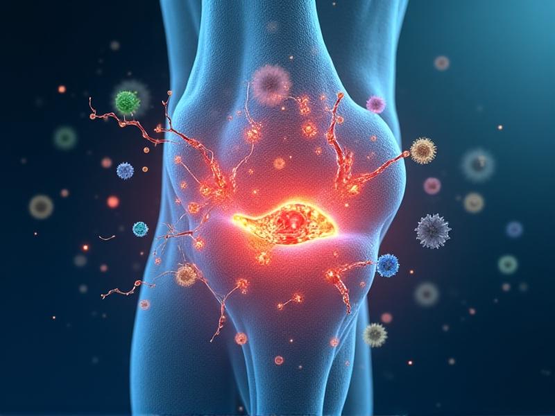 An illustration of the inflammation process in a human joint, highlighting the interaction between immune cells and cytokines, with a focus on how bromine compounds can intervene to reduce inflammation.