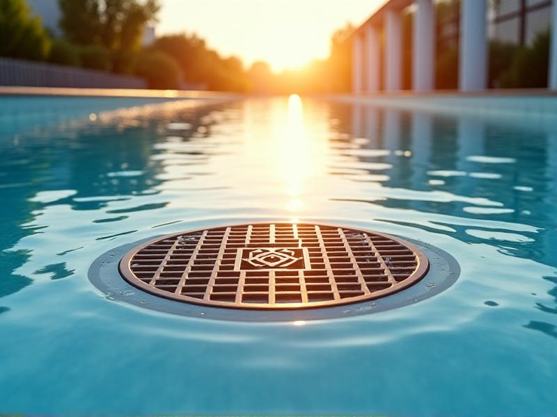 A high-quality safety drain cover installed over an anti-vortex drain in a swimming pool. The cover is made of durable plastic with a grid pattern that allows water to flow through while preventing entrapment. The image highlights the importance of safety in aquatic environments.