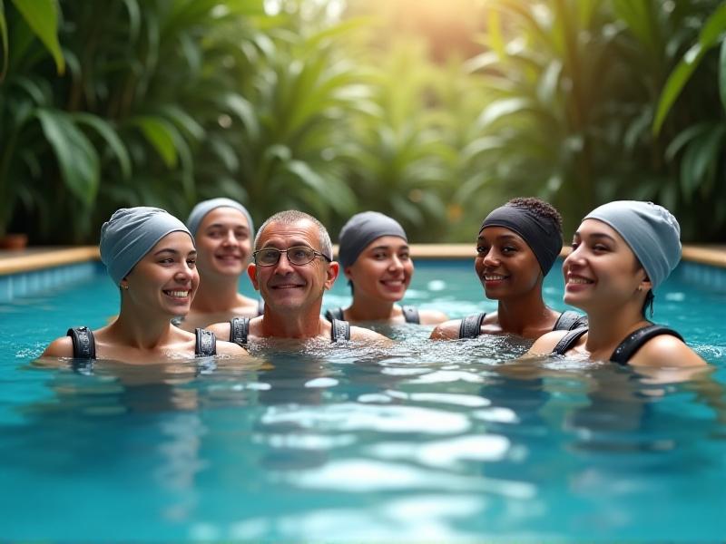 A serene image of a diverse group of individuals using submerged body weight support harnesses in a therapeutic pool. The scene captures the joy and relief on their faces as they engage in various exercises, with the water providing a calming and supportive environment. The pool is surrounded by lush greenery, enhancing the sense of tranquility.