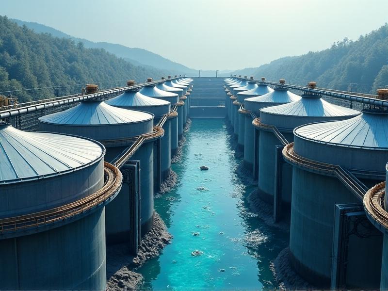 A panoramic view of a water treatment plant with large tanks and pipelines, showcasing the scale and complexity of the facility. The image captures the process of water purification, with clear water flowing through the system, emphasizing the role of ORP monitoring in ensuring water quality.