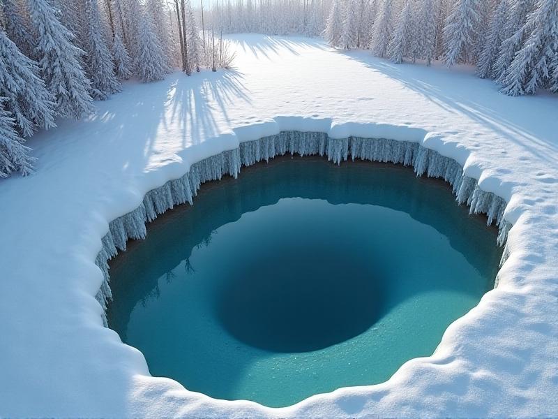 A cross-sectional diagram of a deep pool showing thermal stratification. The surface layer is frozen, with a thin layer of ice, while the deeper layers remain liquid and warmer. The diagram uses color gradients to illustrate the temperature differences, with cooler tones at the top and warmer tones at the bottom. The surrounding environment is depicted as a cold winter landscape with snow-covered ground.