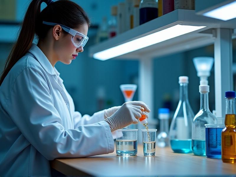 A person wearing gloves and safety goggles carefully pouring hydrogen peroxide into a beaker of water on a laboratory bench. The image emphasizes safety and precision in the dilution process.
