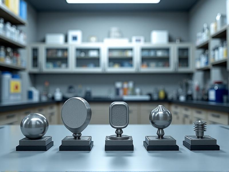A collection of corrosion-resistant alloy samples, including stainless steel, titanium, and aluminum, displayed in a laboratory setting. The image showcases the diversity of materials used to combat saltwater corrosion.