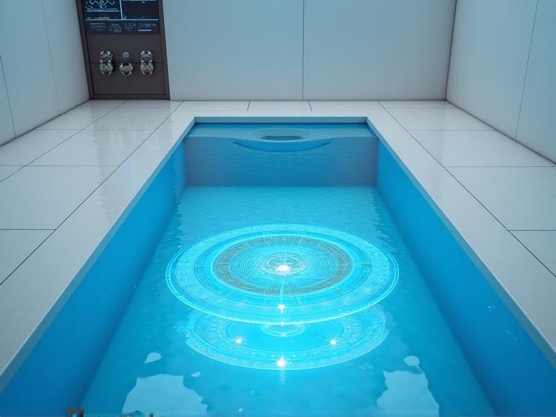 A close-up of a high-tech sensor embedded in a pool wall, with intricate circuitry and a glowing blue light, symbolizing precision and innovation in health monitoring.