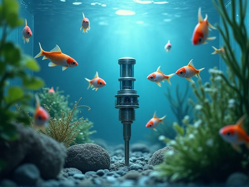 A close-up of a salinity sensor installed in a fish farm tank, with fish swimming around it. The image highlights the sensor's role in maintaining optimal water conditions, with a focus on the clear blue water and healthy fish.