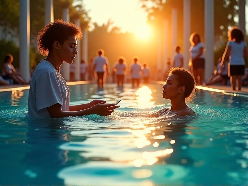 A therapist and patient collaborating during a hybrid aquatic therapy session, with the therapist providing instructions via a tablet while the patient performs exercises in a community pool. The scene is vibrant, with sunlight reflecting off the water and a diverse group of people in the background.