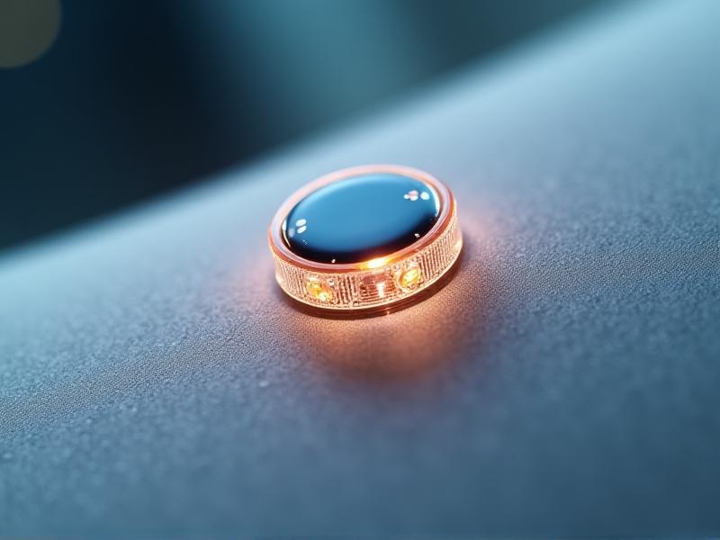 A close-up view of an EMG sensor embedded in a flexible, skin-friendly material. The sensor is small and circular, with a metallic surface that reflects the soft, diffused lighting of the lab environment. The material around the sensor is translucent, showing the intricate wiring and circuitry beneath. The background is blurred, with faint outlines of electronic equipment and tools.