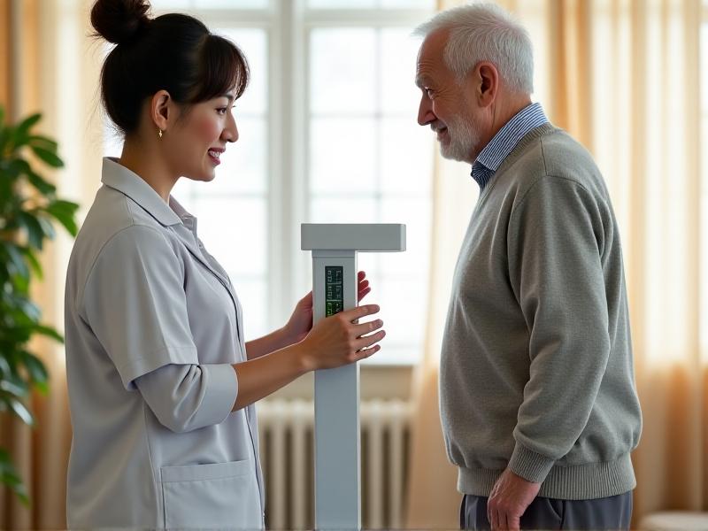 A therapist using a Berg Balance Scale to assess an older adult’s stability in a clinical setting. The patient stands confidently on one leg, with the therapist observing closely. The warm, professional atmosphere emphasizes the importance of accurate measurement in fall risk reduction.
