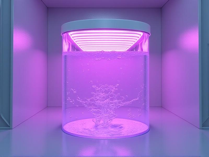 A UV sanitization system in action, with UV-C lamps emitting a bright purple light. The light is shown penetrating through a transparent container filled with water, symbolizing the disinfection process. The surrounding area is clean and sterile, highlighting the effectiveness of UV sanitization.