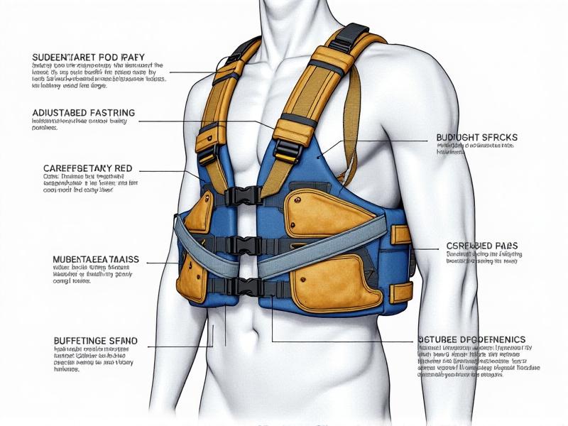 A close-up technical diagram of a submerged body weight support harness, highlighting its adjustable straps, buoyancy pads, and secure fastenings. The image is rendered in a detailed, technical style with annotations explaining each component's function, set against a clean white background.