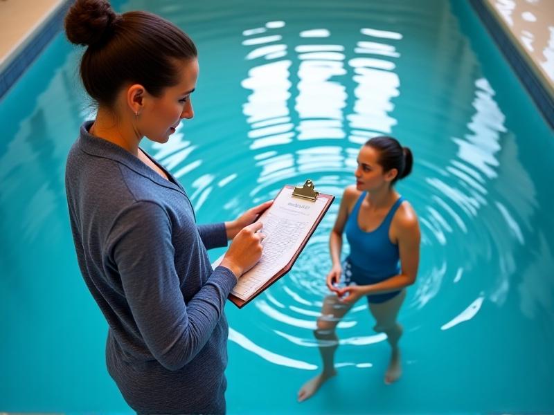 A therapist and participant collaborating in a pool, designing a personalized aquatic dual-task training plan. The therapist holds a clipboard, and the participant is engaged in a light exercise, with the water rippling gently around them. The setting is professional yet approachable.