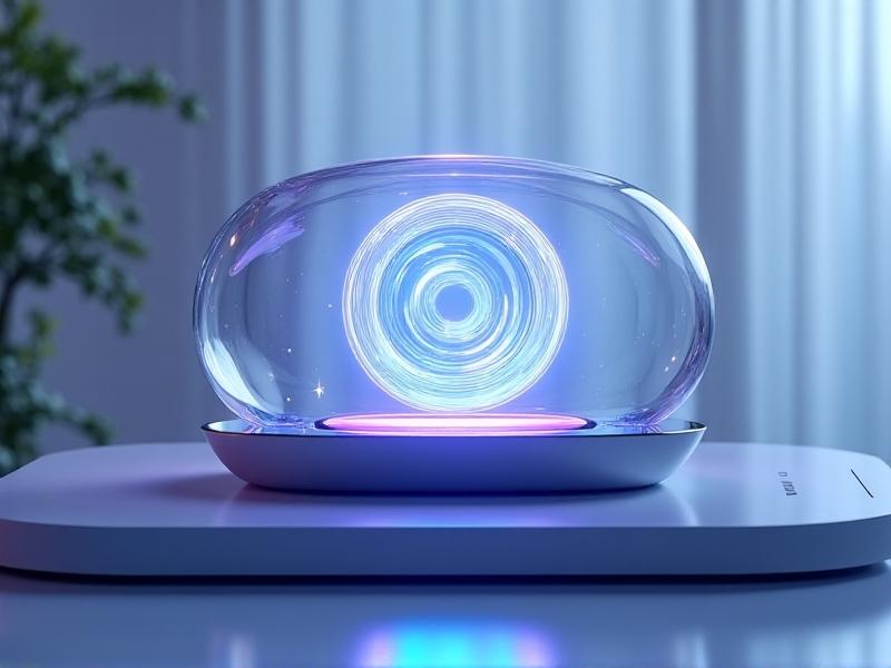 A futuristic-looking device emitting spiral patterns of light, representing vortex energy. The device is placed on a table with a calm, serene background. The colors are soothing, with shades of blue and purple, creating a peaceful and healing atmosphere.