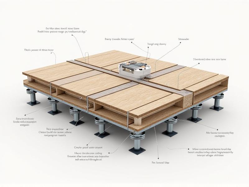 A detailed diagram of an adjustable floor system, highlighting the key components such as floor panels, pedestals, and stringers. The image provides a clear understanding of how these elements work together to create a stable and flexible floor system.