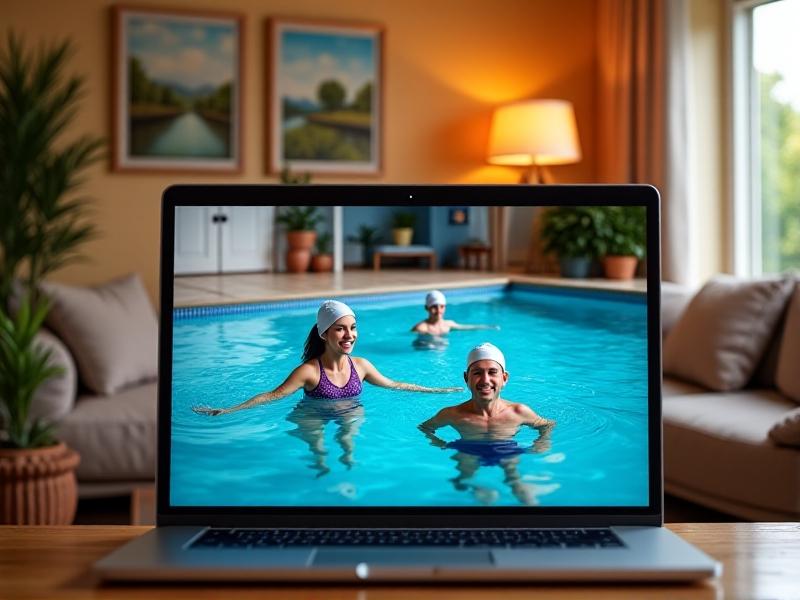 A close-up of a laptop screen showing a telehealth session where an aquatic therapist demonstrates exercises to a patient in a home pool. The background features a cozy home setting with warm lighting, emphasizing the convenience and accessibility of the program.