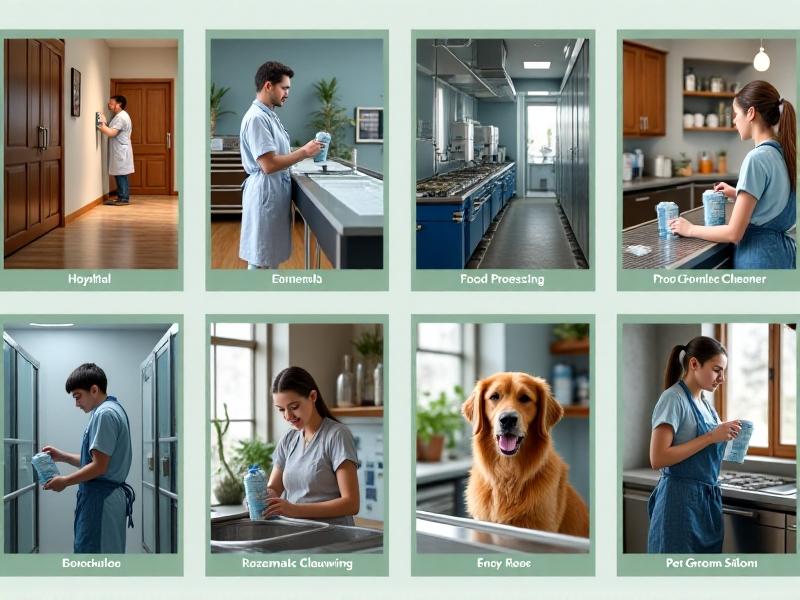 A collage of images representing different industries using enzymatic cleaners. The collage includes a hospital room, a food processing plant, a household kitchen, and a pet grooming salon. Each image shows the use of enzymatic cleaners in different settings, with labels indicating the industry. The background is a light gray, with a green border around the collage.