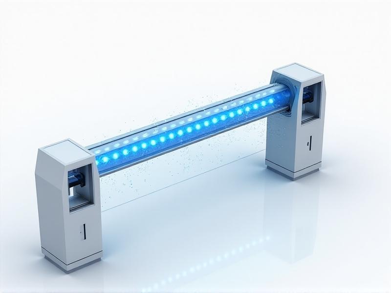 A detailed diagram showing the inner workings of a UV-C sterilized handrail system. The image highlights UV-C LEDs embedded within the handrail, emitting blue light to disinfect the surface. The diagram is presented in a clean, technical style with labels and annotations for clarity.