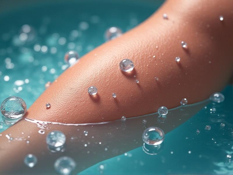 A close-up of skin submerged in a mineral pool, with tiny bubbles and magnesium crystals visible, illustrating the process of transdermal magnesium absorption in a detailed and scientific manner.