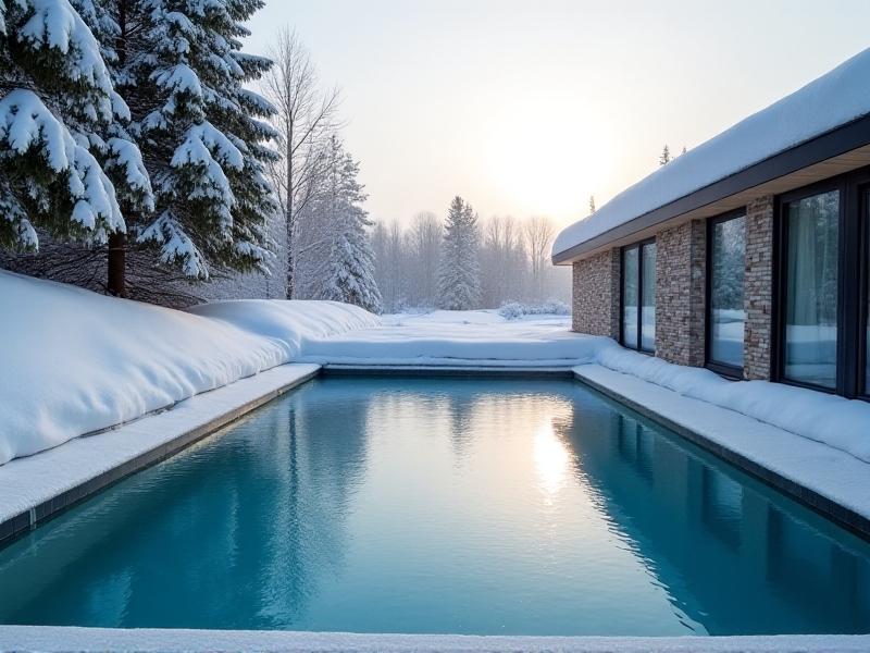 A modern residential pool with a deep end and a shallow end, surrounded by a snow-covered landscape. The deep end is clearly visible, with the water appearing darker and deeper, while the shallow end is lighter and more reflective. A pool cover is partially rolled back, revealing the water beneath. The scene is illuminated by soft winter sunlight, creating a peaceful and inviting atmosphere.