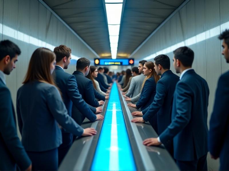 A busy subway station featuring a UV-C sterilized handrail system. Commuters of diverse backgrounds are seen using the handrail, which emits a subtle blue glow. The station is brightly lit, with a focus on the cleanliness and modernity of the handrail system.