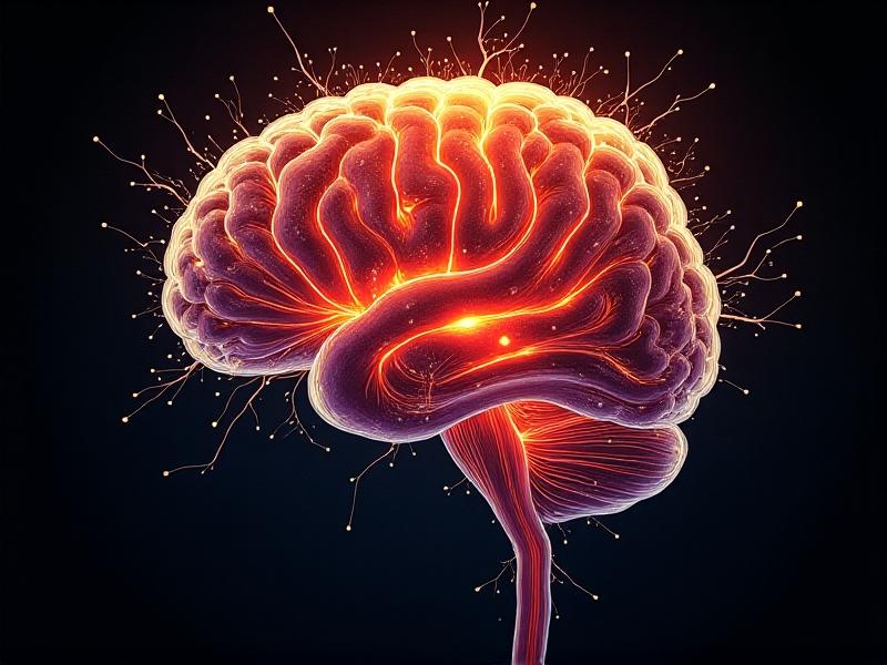 An artistic representation of dopamine pathways in the brain, highlighting the intricate network of neurons and synapses. The image uses vibrant colors like red and yellow to depict dopamine activity, set against a dark background to emphasize the brain's complexity.