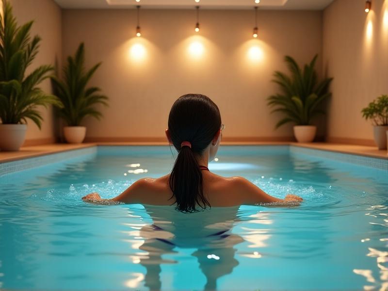 A patient performing aquatic exercises in a warm, inviting pool with soft lighting. The water's resistance is visible as the patient moves their arms, creating gentle ripples. The environment feels peaceful and supportive.