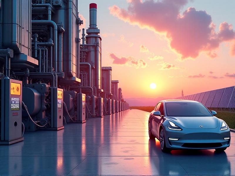 A diverse array of industrial and renewable energy applications of Variable Current Resistance Machines, including a factory floor with machinery, solar panels in a field, and an electric vehicle charging station. The image illustrates the wide-ranging impact of VCRMs across different sectors.