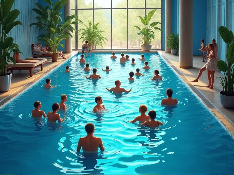 A bustling therapy pool filled with users enjoying the water, with some engaging in exercises and others relaxing. The water is clear and inviting, with natural light streaming through large windows. The image highlights the high usage and the importance of maintaining water quality.