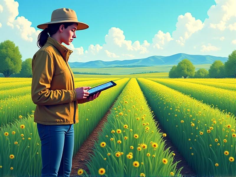 A futuristic illustration of IoT-enabled salinity monitoring, featuring a network of sensors in a field connected to a cloud-based platform. The image includes a farmer using a tablet to view real-time data, with a vibrant green crop field in the background.