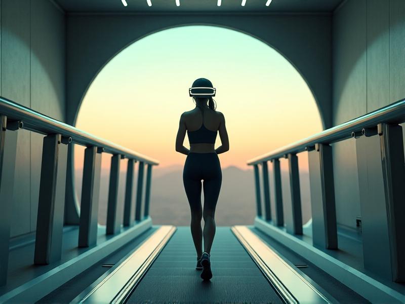 A close-up of a 360-degree immersion treadmill platform with intricate sensor arrays and a user standing in the center, wearing a VR headset, ready to explore a virtual world.