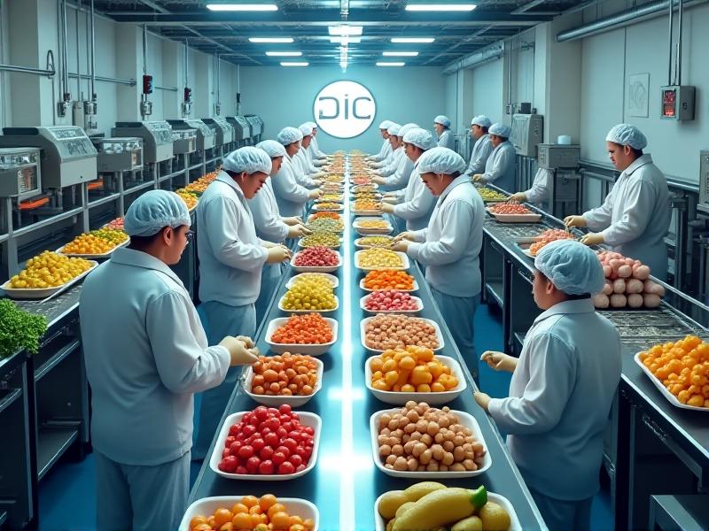 A food production line in a factory, with workers in protective gear handling various food products. The production line is equipped with conveyor belts, packaging machines, and quality control stations. The lighting is industrial, with a focus on the efficiency and hygiene of the production process.