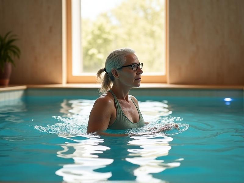 An elderly woman performing a balance exercise in a hydrotherapy pool, supported by a therapist. The water’s gentle ripples reflect the soft overhead lighting, creating a calming and focused environment. The woman’s determined expression highlights her commitment to improving her stability and confidence.