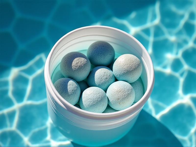 A close-up of chlorine tablets in a white bucket, with a pool in the background. The image emphasizes the chemical nature of chlorine and its role in pool maintenance, while hinting at its potential drawbacks for sensitive individuals.