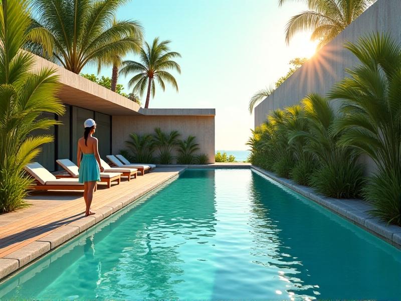 A modern saltwater pool with turquoise water, surrounded by a wooden deck and tropical plants. The image highlights the natural and soothing qualities of saltwater systems, which are gentler on sensitive skin compared to traditional chlorine pools.