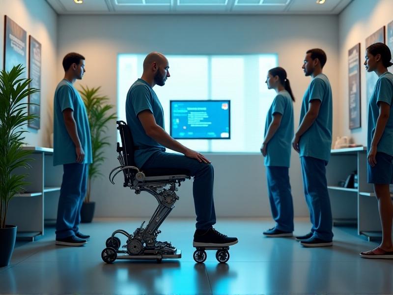 A robotic exoskeleton helping a quadriplegic patient perform leg exercises in a clinical setting, with therapists monitoring progress on a digital screen.