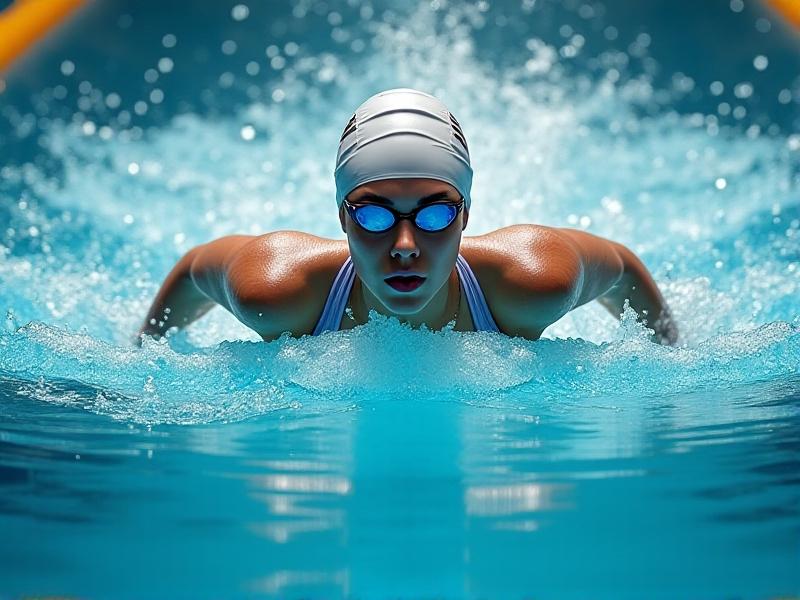 A professional swimmer wearing a waterproof EMG monitoring device on their upper arm, gliding through the water with perfect form. The device is sleek and unobtrusive, blending seamlessly with the swimmer's gear. The water is crystal clear, with sunlight creating shimmering reflections on the surface. The swimmer's focused expression and powerful strokes convey a sense of determination and athleticism.