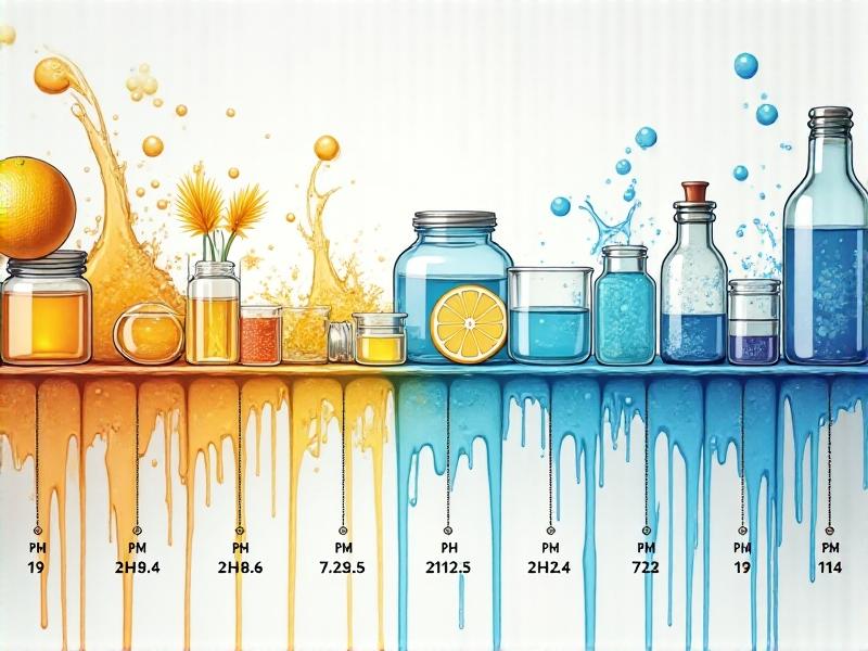 A colorful illustration of the pH scale, ranging from 0 to 14, with examples of common substances at each level. The focus is on the 7.2 to 7.8 range, highlighted in blue, representing the ideal pH for therapy pools. The image is educational and visually engaging, with a clean and modern design.