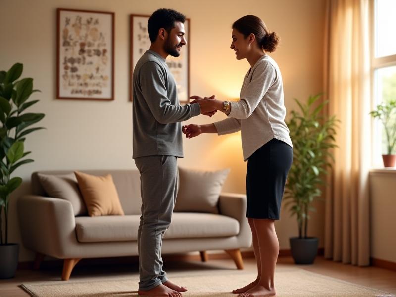 A therapist guiding a patient through rehabilitation exercises, with subtle auditory cues in the background, creating a supportive and encouraging environment.