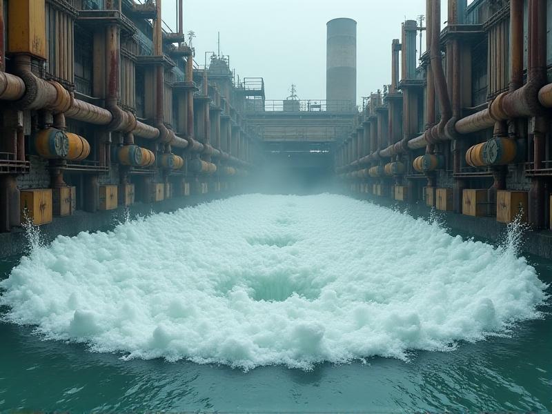 A large, circular turbulent pool filled with frothy white foam, with water splashing violently due to the action of submerged mechanical aerators. The pool is surrounded by industrial equipment and pipes, under a bright, overcast sky.