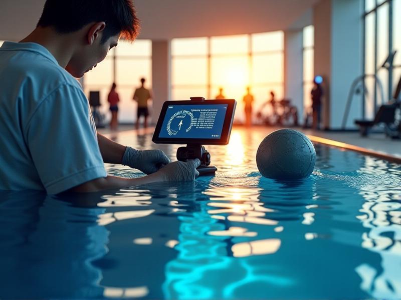 A close-up image of a torque calibration device being used on an underwater treadmill motor. The device displays precise measurements, and the technician’s hands are shown adjusting the settings. The background features a modern gym with natural light streaming through large windows, emphasizing the importance of accuracy in equipment maintenance.