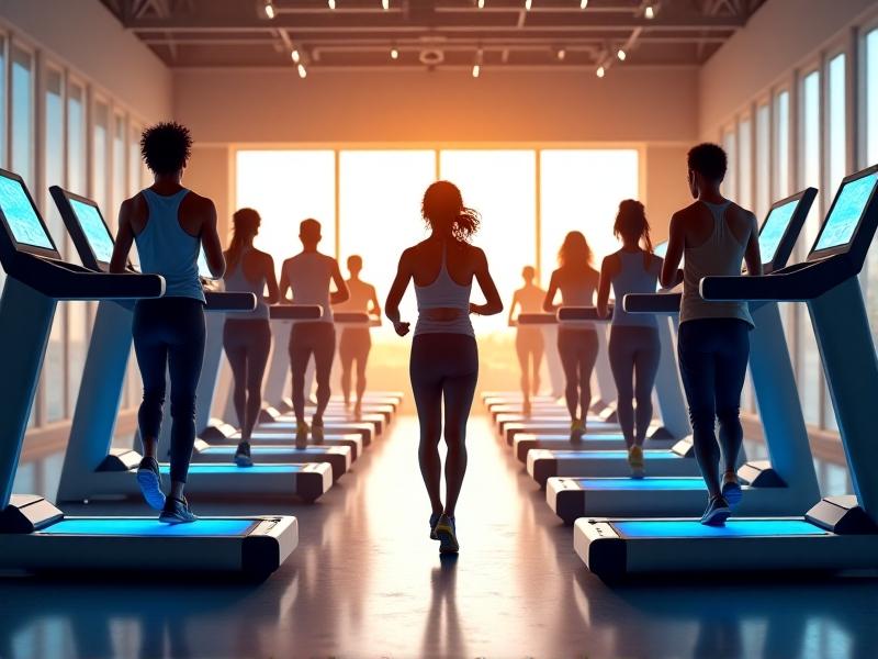 A diverse group of people using 360-degree immersion treadmills in a bright, modern fitness studio, smiling and enjoying their immersive workout experience.