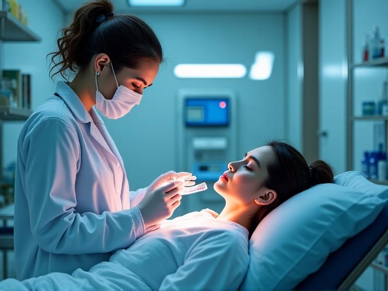 A medical professional administering a bromine-based therapy to a patient, with a focus on the precision and care involved in the treatment process, set in a modern clinical environment.